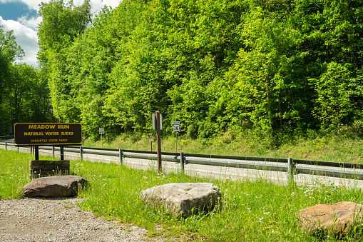 Signage for Natural Water Slides at Ohiopyle State park, Farmington, Pennsylvania, USA