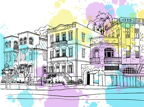 Nice Old street in Tel Aviv, Israel. Ink line sketch. Hand drawing. Colourful Vector illustration on blobs background.