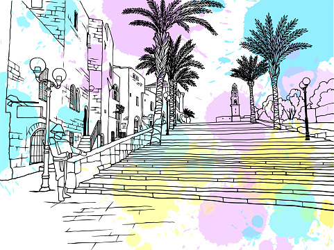 Nice view of the Old Jaffa, Tel Aviv, Israel. Hand drawn colourful sketch. Line art. Urban sketch. Vector illustration on blobs. Vintage Postcards style. Urban landscape without people.