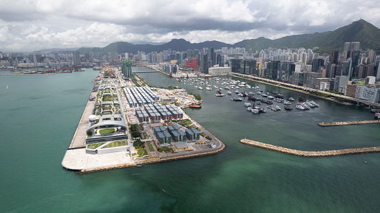 Kai Tak cruise terminal drone point of view in Hong Kong, with cabin hospital for quarantine, there will be part of temporary public housing  plan in future.