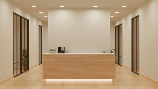 Luxury and contemporary lobby area interior design in white and wood style with reception counter, hardwood floor and elegance corridor. beauty spa or office reception. 3d render, 3d illustration