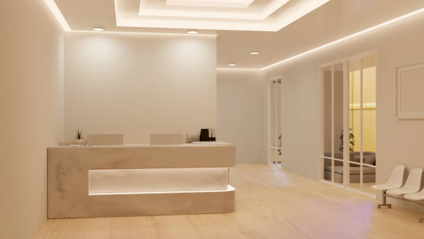 istock Luxury elegance reception interior design with modern receptionist's counter, waiting seats 1464639974