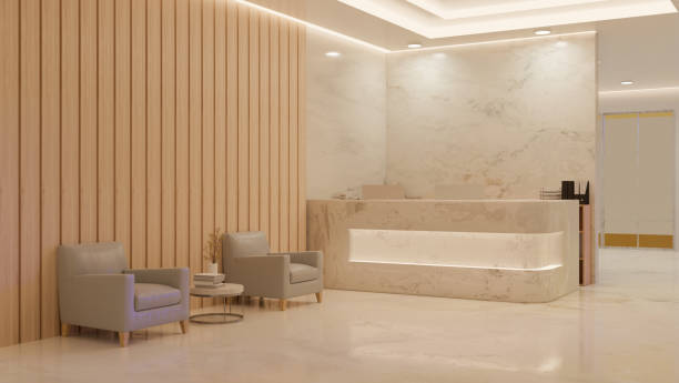 istock Luxury and elegance beauty salon or office reception area interior with marble reception counter 1464639976