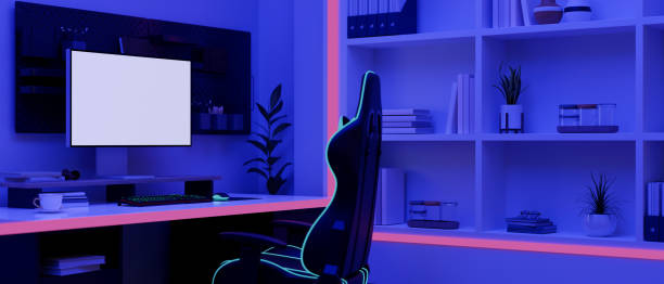 istock Modern gamer computer desk setup with RGB lights, PC computer mockup, gaming chair 1464639991