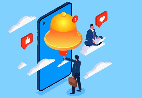 Communication in social networks, network message and email alerts, like and subscriber social media message alerts, isometric businessman shaking the bell inside the smartphone