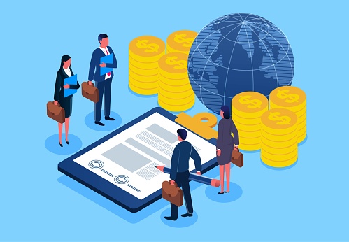 Global business partners and business cooperation, global business negotiations or business transactions, agreements or cooperation documents, isometric businessmen standing next to the earth and gold coins signing business