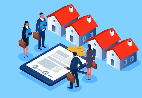 Real estate buying and selling with agents, real estate industry, real estate taxation, home loans or mortgages, buying a house with contract signing, isometric businessmen standing by the house and signing documents
