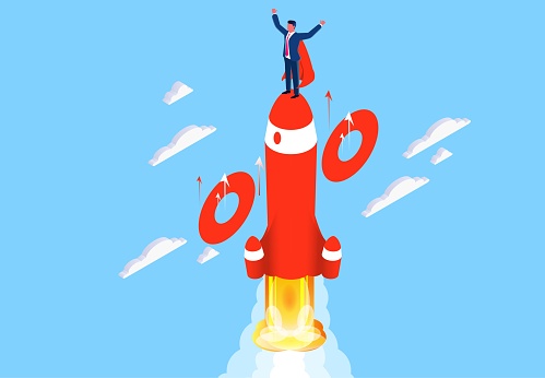 The concept of gaining success as a business or businessman, isometric businessman phi cape standing on the rocket of success rising percentage symbols, higher rates, increased revenues, earning more profits, business growth