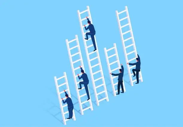 Vector illustration of Isometric group of businessmen competing to climb the ladder and reach the goal, competitive motives and goals, ladder of success, stages of different motives and different goals