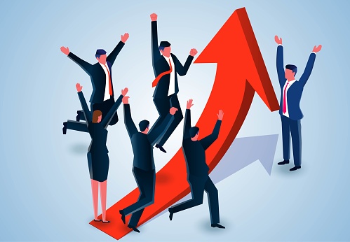 Successful professional growth and business development, forward ambition and motivation, equidistant from a group of businessmen standing around the rising arrow jumping and cheering