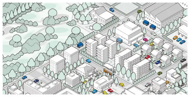 Vector illustration of Three-dimensional view of the townscape. Cityscape.