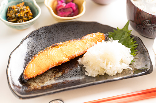 Japanese breakfast consists of healthy grilled fish and lots of side dishes