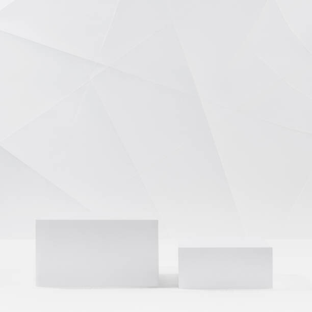 istock Elegant white square podium mockup on white table in soft light white interior with lines and angles in geometric modern style for presentation cosmetic products, goods, branding, design, square. 1464646517