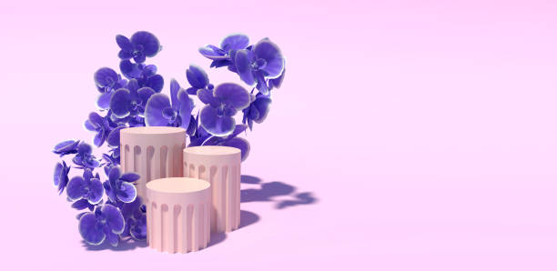 istock Luxury 3 podiums 3d render with violet orchid in pink background. 1464647686