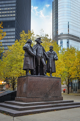 The Heald Square Monument is a bronze sculpture group by Lorado Taft in Heald Square, located in Wacker Drive, Chicago, Illinois, USA. It depicts General George Washington, and the two principal financiers of the American Revolution, Robert Morris and Haym Salomon.  Dates back to 1941.