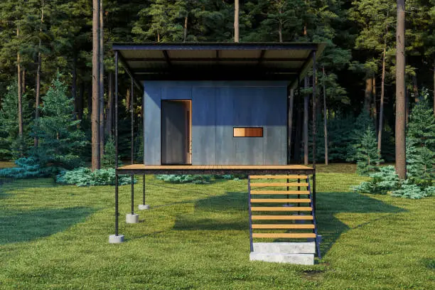 Photo of Front View Of Modern Tiny House Exterior In Woodland