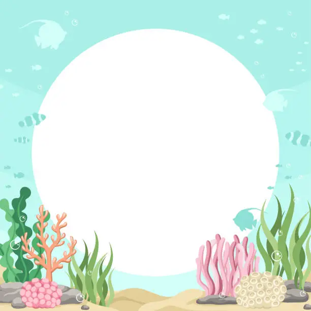 Vector illustration of Round coral reefs and fishes underwater scene and nature border. Marine life frame vector design template. Backgrounds with copy space for text for banners, social media stories