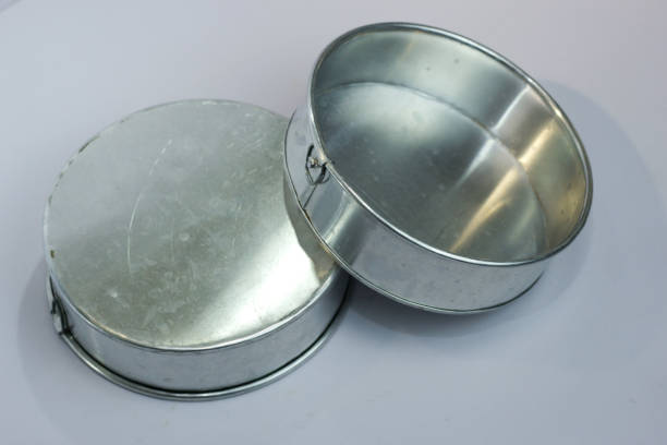 istock Silver aluminum round pie mold isolated on white background 1464657686