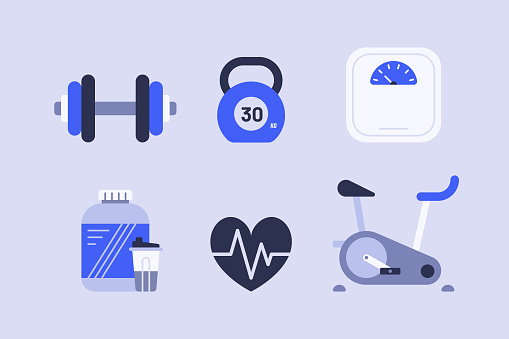 Sport, fitness and exercise gray and blue vector icons