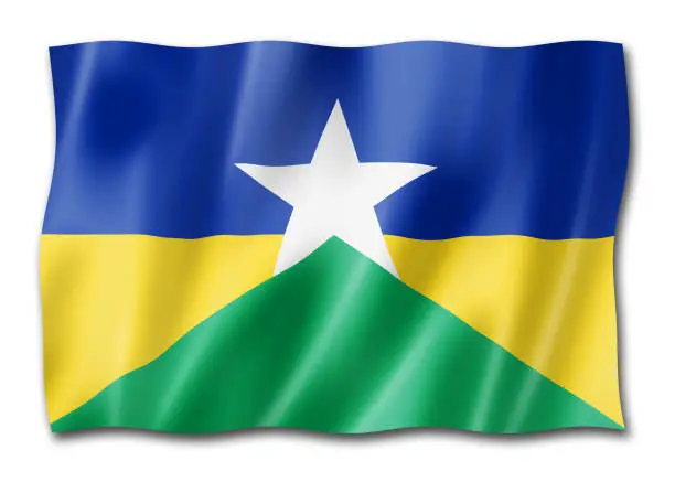 Rondonia state flag, Brazil waving banner collection. 3D illustration