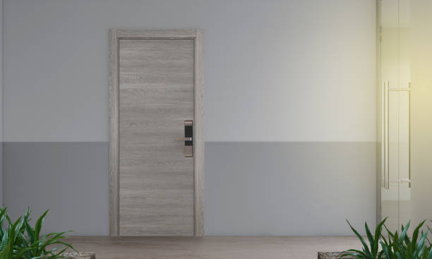 istock Door  with digital locking. Door handle on wood oak door panel. 3d  rendering 1464662615