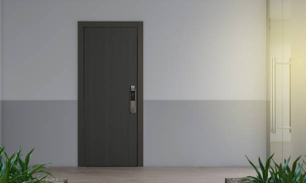 istock Door with  digital locking. Door handle on wood oak door panel. 3d  rendering 1464662616