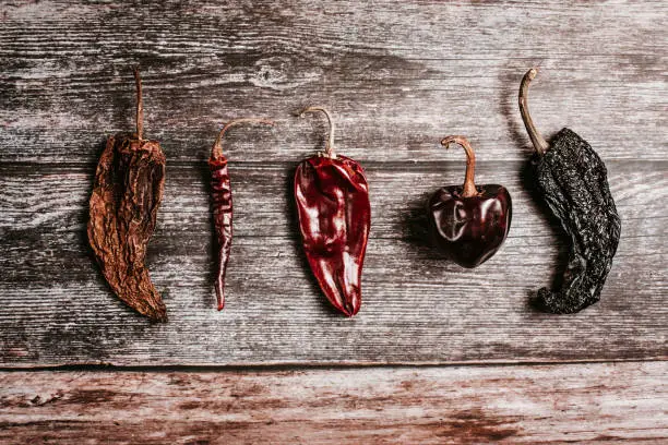Mexican assortment of pods of dried chili peppers in a wooden plate in Mexico Latin America
