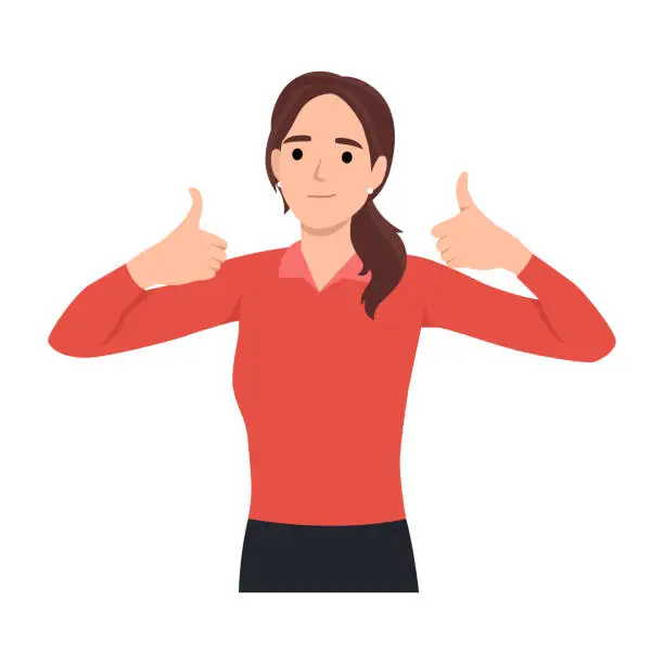 Vector illustration of Young woman happy smiling making thumbs up sign with both hands. Flat vector illustration isolated on white background
