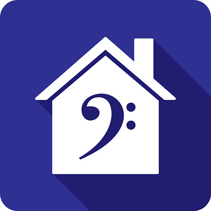 Vector illustration of a house with bass clef icon against a blue background in flat style.