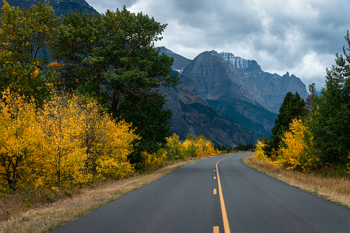 Road to Glacier national Park in autumn. Montana. USA.