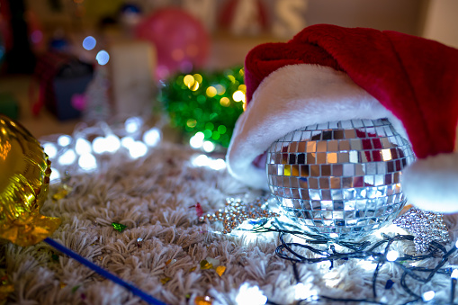 Silver disco ball,Christmas Background,Bokeh Light Background, Blur Background