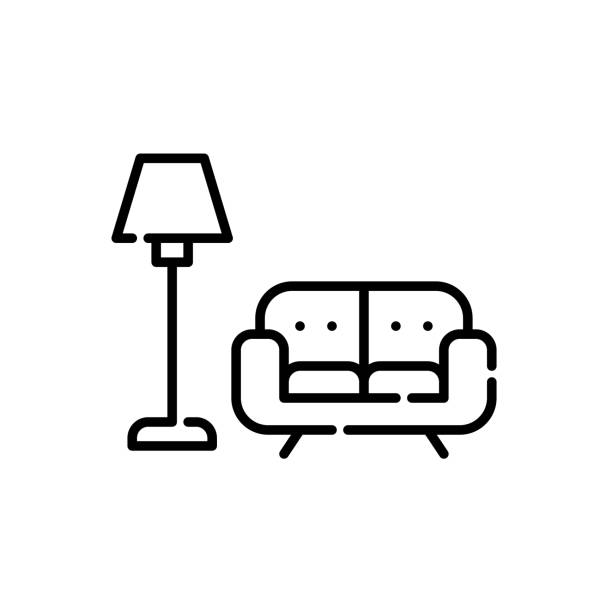 gemütliches sofa und stehlampe. wohnzimmermöbel. innenarchitektur. pixelperfekter, editierbarer strich - home decorating showcase interior living room home interior stock-grafiken, -clipart, -cartoons und -symbole