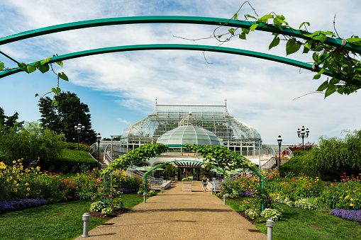 Pittsburgh, Pennsylvania, USA - August 11, 2022: Exterior entrance to the Botanical Gardens and greenhouse