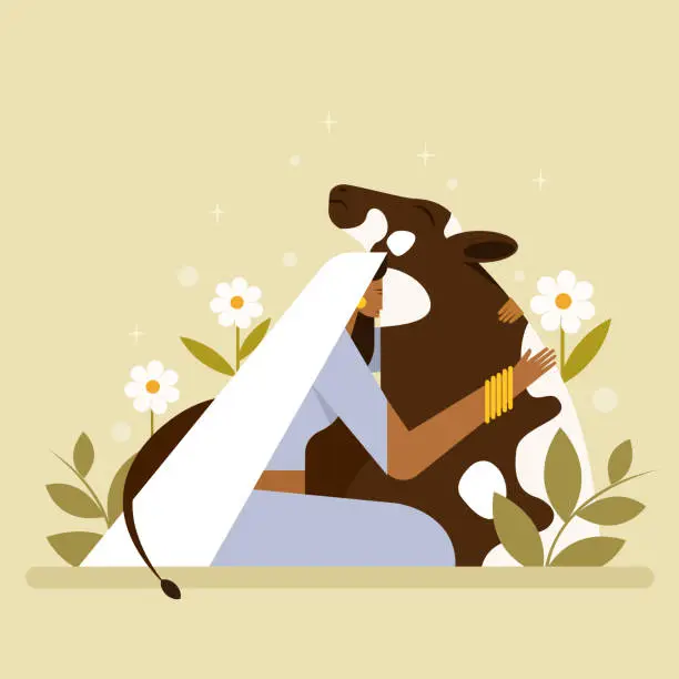 Vector illustration of Illustration of an Indian woman hugging a cow with affection