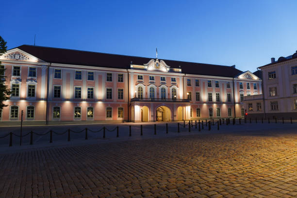 Summer night view of Parliament of Estonia stock photo