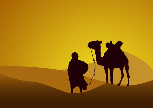 istock caravan in the desert, sunset background. Vector poster camel and bedouin in the Sahara 1464678583