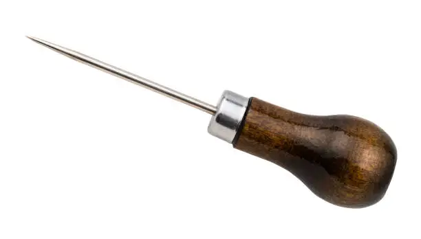 traditional awl with polished wooden handle cutout on white background