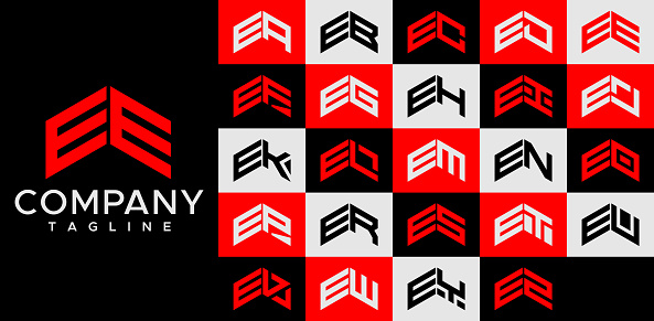 Upward arrow letter E logo design template set. Abstract line EE E letter logo