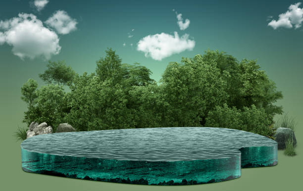 istock 3d illustration of river pool with landscape isolated. Waterfall creative design isolated. isometric view of river. trees on background. 1464679189