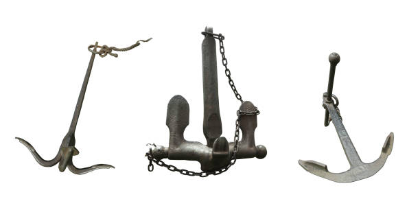 istock Iron black old rusty naval anchor isolated over white background 1464680982