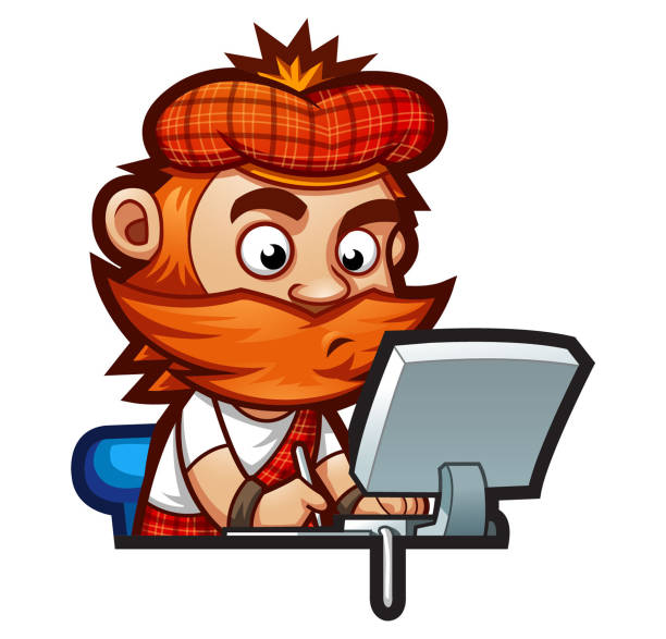 Uomo scozzese su un computer portatile - illustrazione arte vettoriale