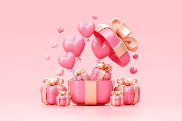 istock Pink open gift box present with heart balloon surprise sale greeting celebration valentines day love banner concept background 3D illustration 1464683079