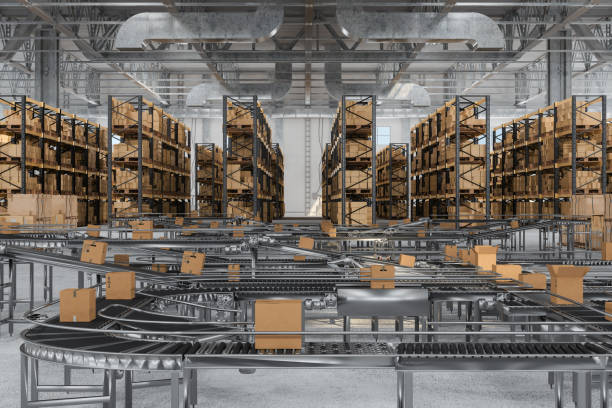 Cardboard Boxes On Conveyor Belt In The Warehouse With Blurred Background
