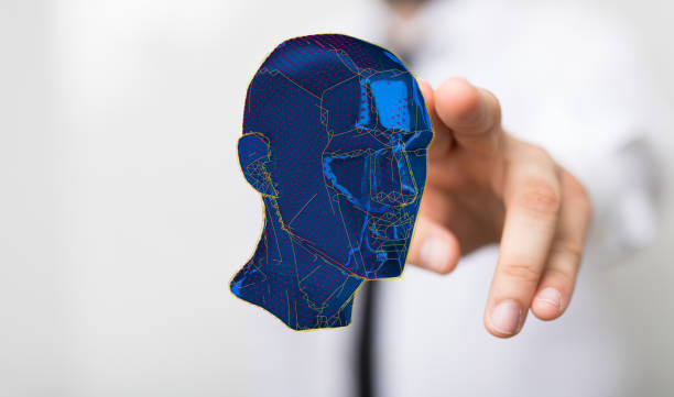 istock Abstract polygonal human face - 3D render of a cyborg head construction 1464685876