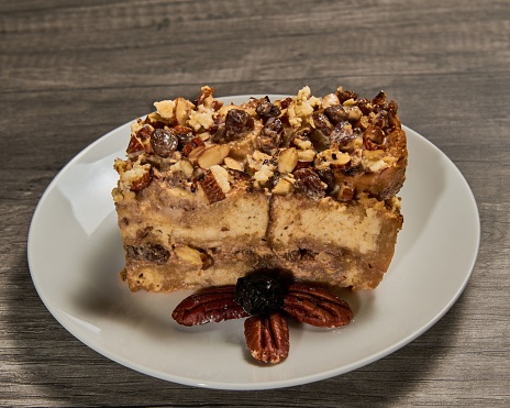 Capirotada dessert with almonds, cinnamon and raisins
