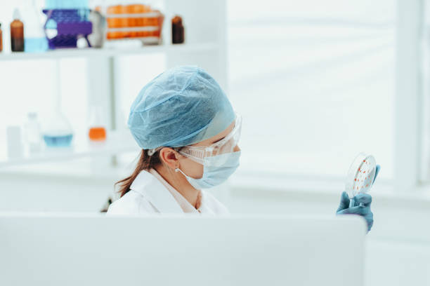 istock female microbiologist with a Petri dish sitting at a laboratory table 1464686354