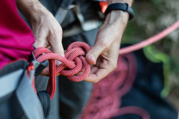 istock Alpinist tying a rope on his climbing equipment 1464686460