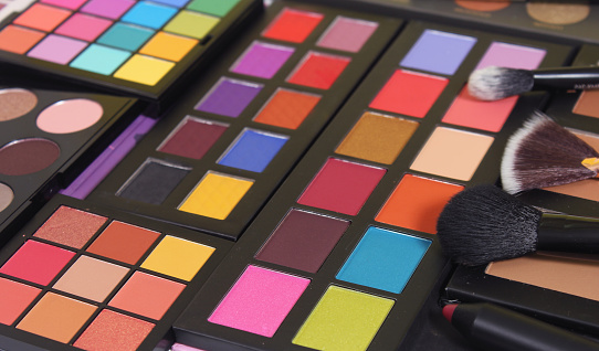 A closeup shot of brightly coloured cosmetic pigmented eye shadows with brushes for the best makeup