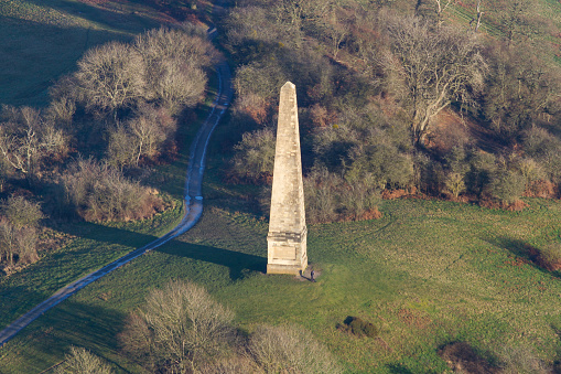 An aerial shot of the Eastnor Obelisk in England