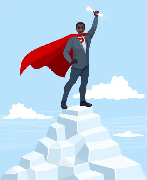 Vector illustration of African American Businessman standing on top of the mountain. Concept business illustration. Contract Document. Businessman Signing Contract. Contract Agreement Concept.